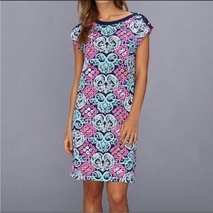 Lilly Pulitzer Robyn Dress M Behind the Gate Print Pima Cotton Shift Navy Pink